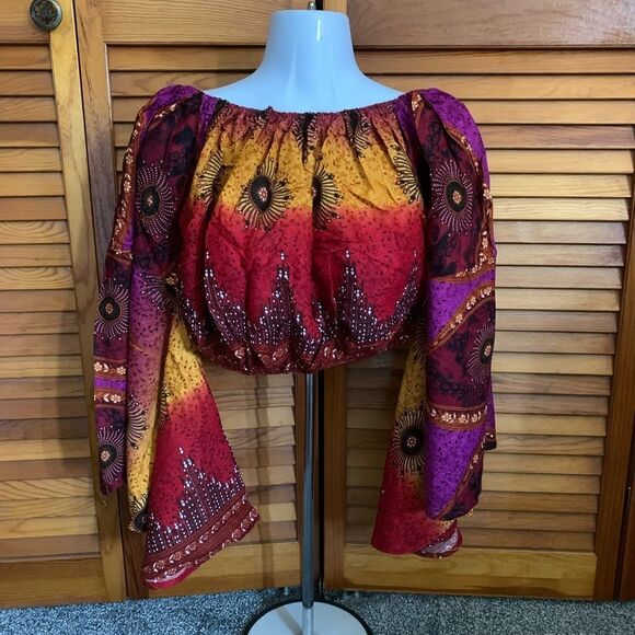Bohemian Off-Shoulder Women's Crop Top Bell Sleeves - Picture 1 of 7